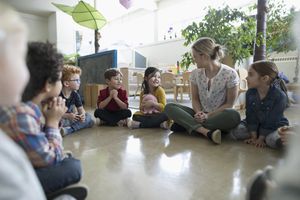 幼儿教师和学生在教室地板上坐成一圈
