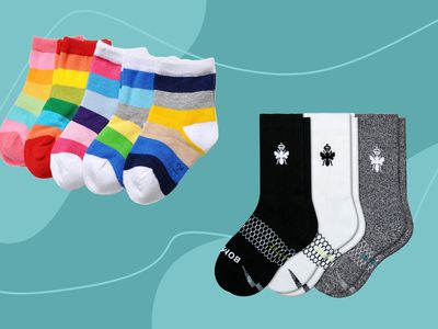 Collage of socks we recommend for kids on a blue background
