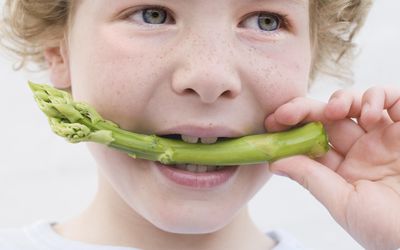 Boy biting a spear of asparagus