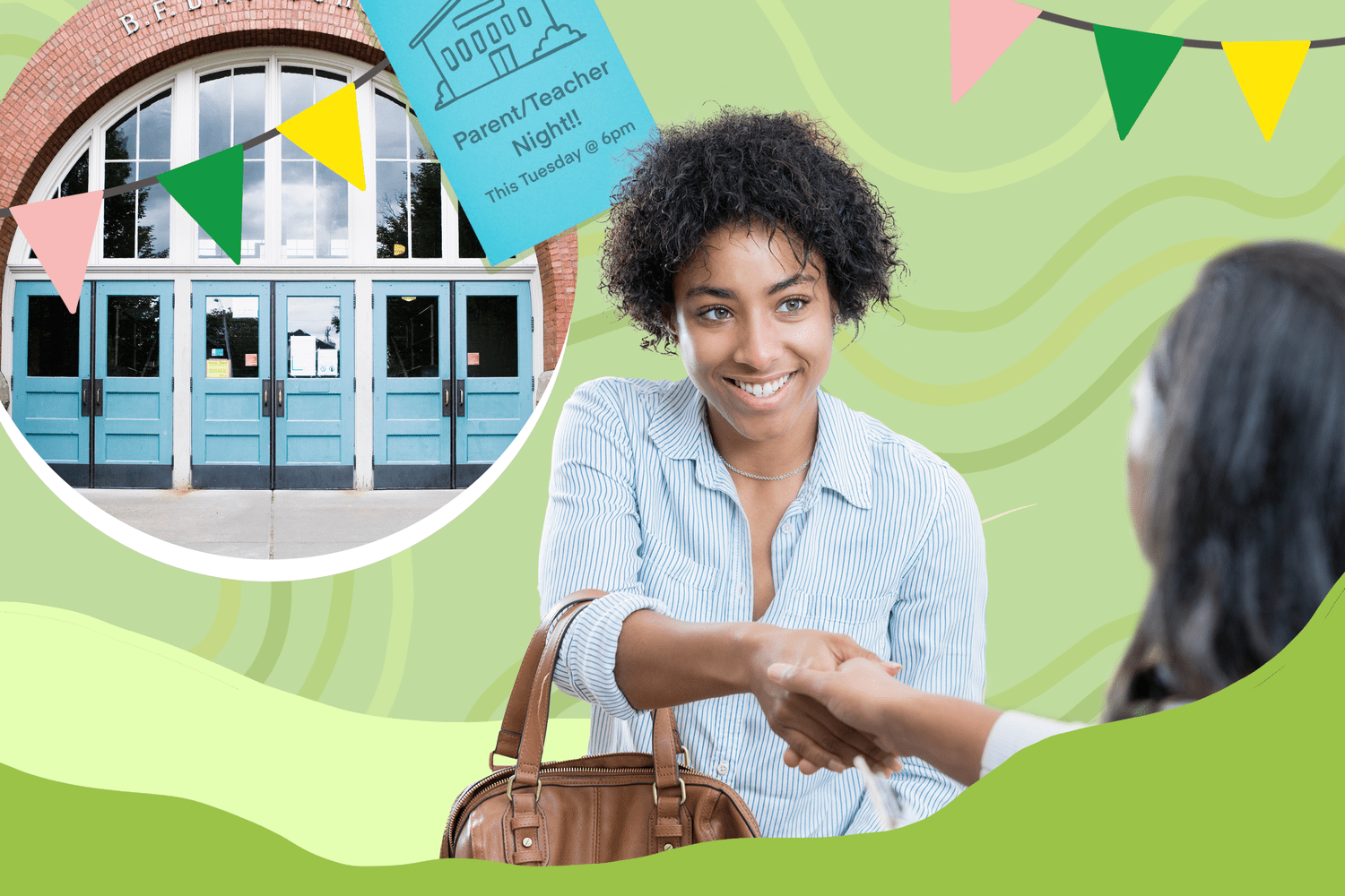 photo composite of two adults shaking hands and front of school