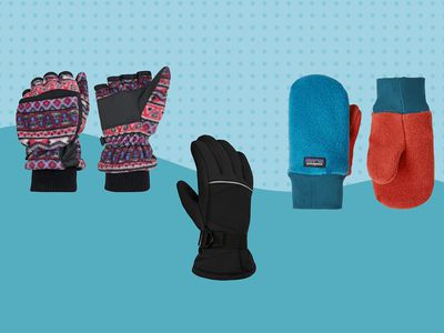 A variety of winter gloves for kids on a blue background