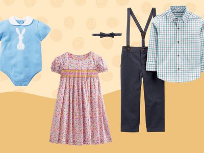 Collage of Easter outfits we recommend for kids on a yellow background
