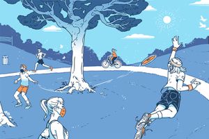 drawing of teens playing outside during the pandemic