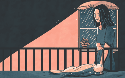 Illustration of sad mother standing over her baby in a crib